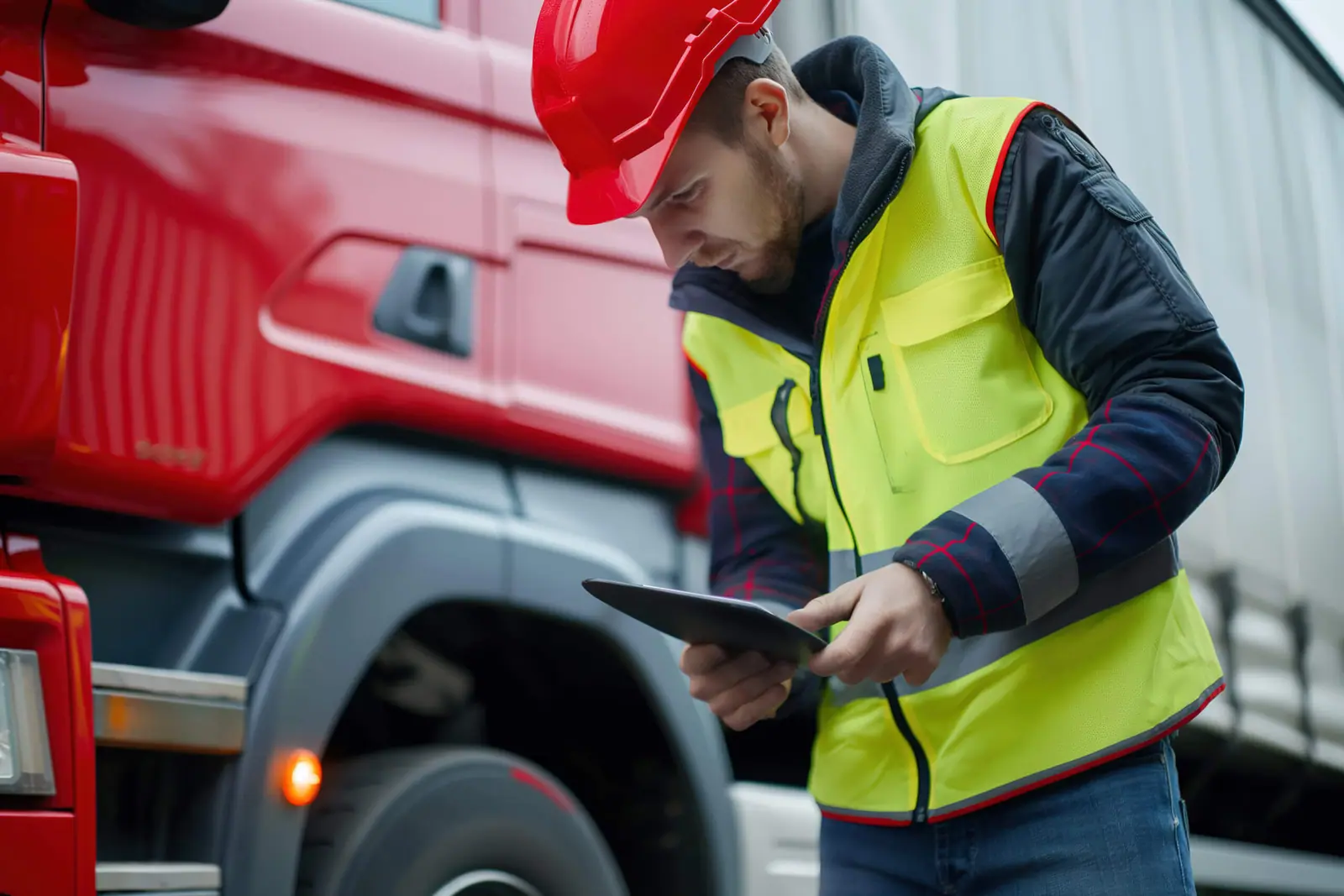 A driver doing a walkaround inspection with a tablet
