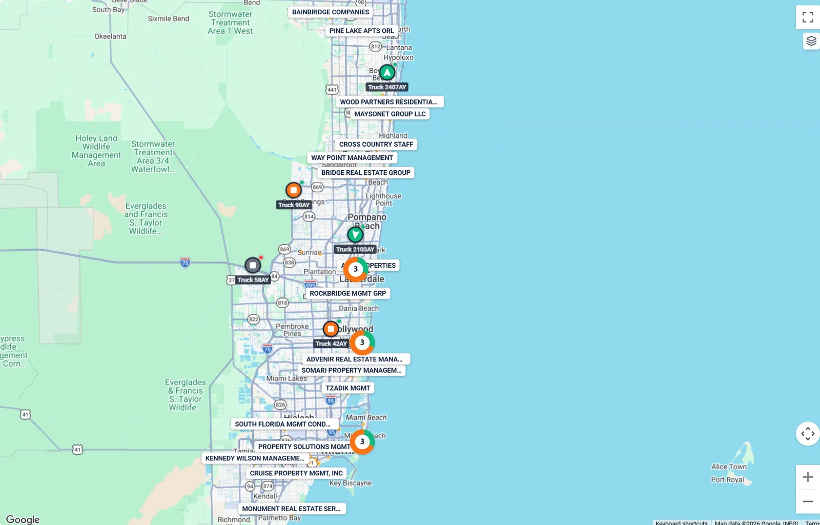 The Fleet Unify live map: every truck on one map, with nearby trucks grouped together