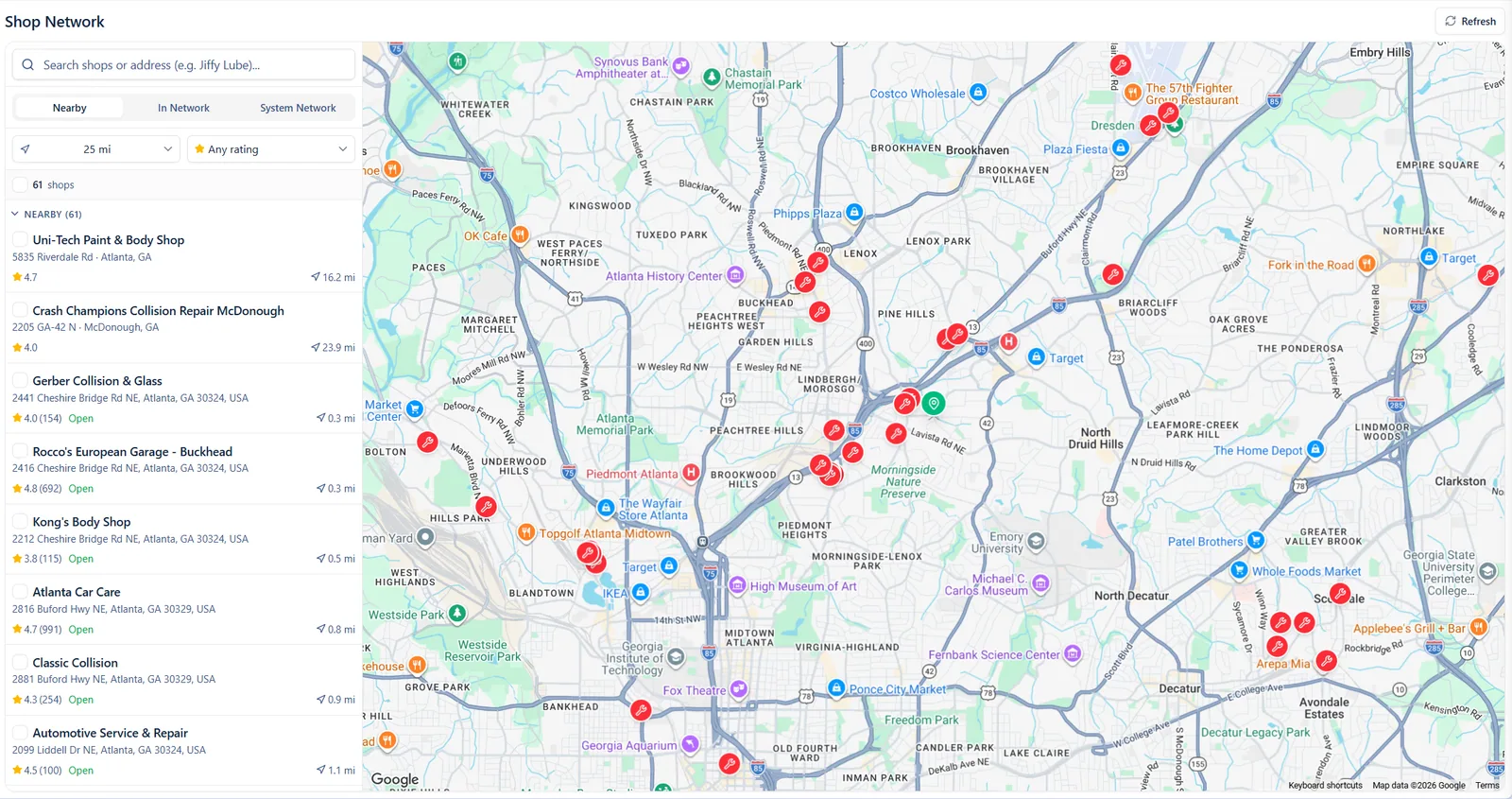 The Fleet Unify shop finder: nearby repair shops with ratings and distance, next to a map